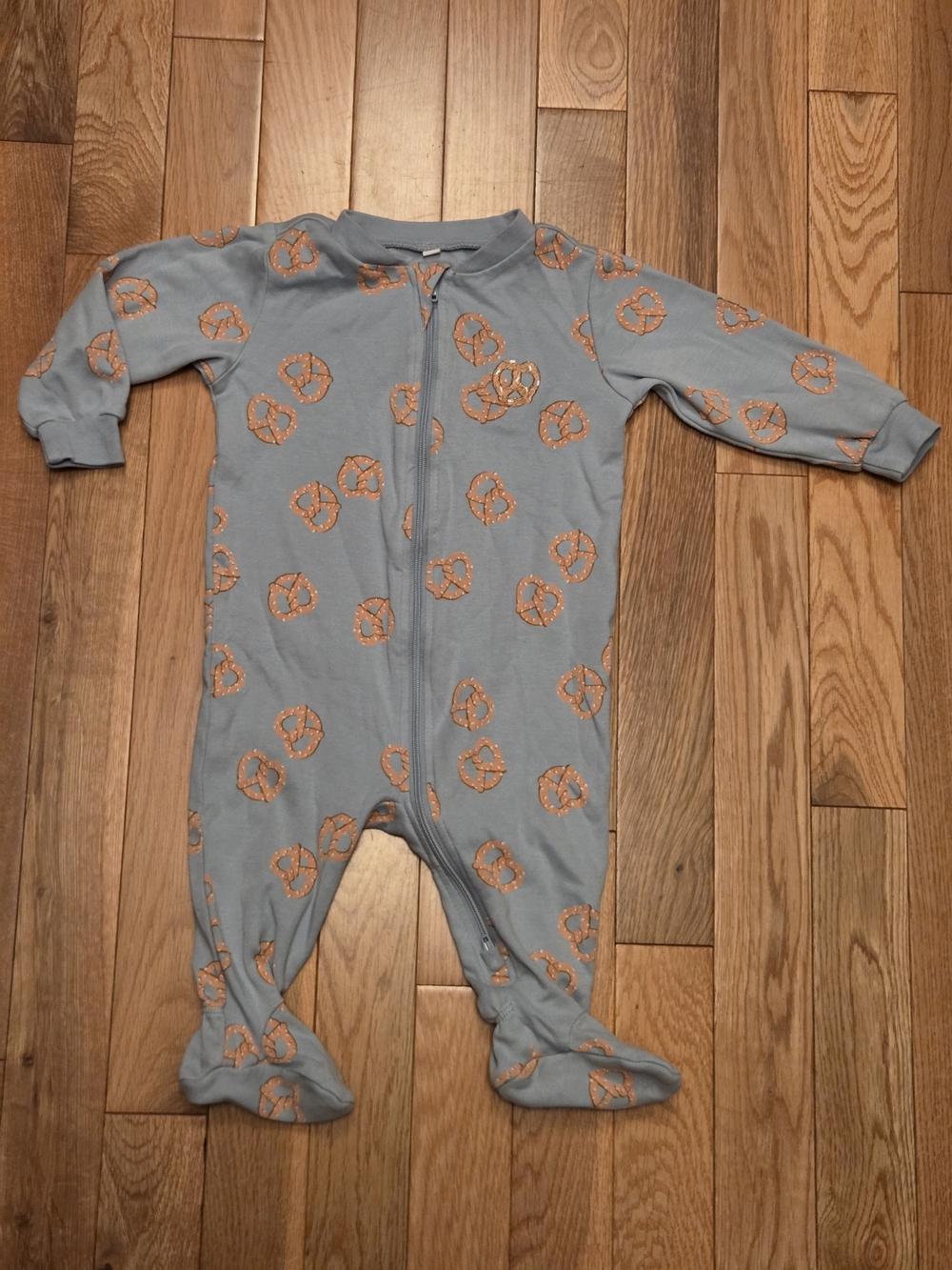 5/$20 Pekkle 6M Zip Up Footed Onsie Sleeper Pajamas in Blue with Pretzel Print